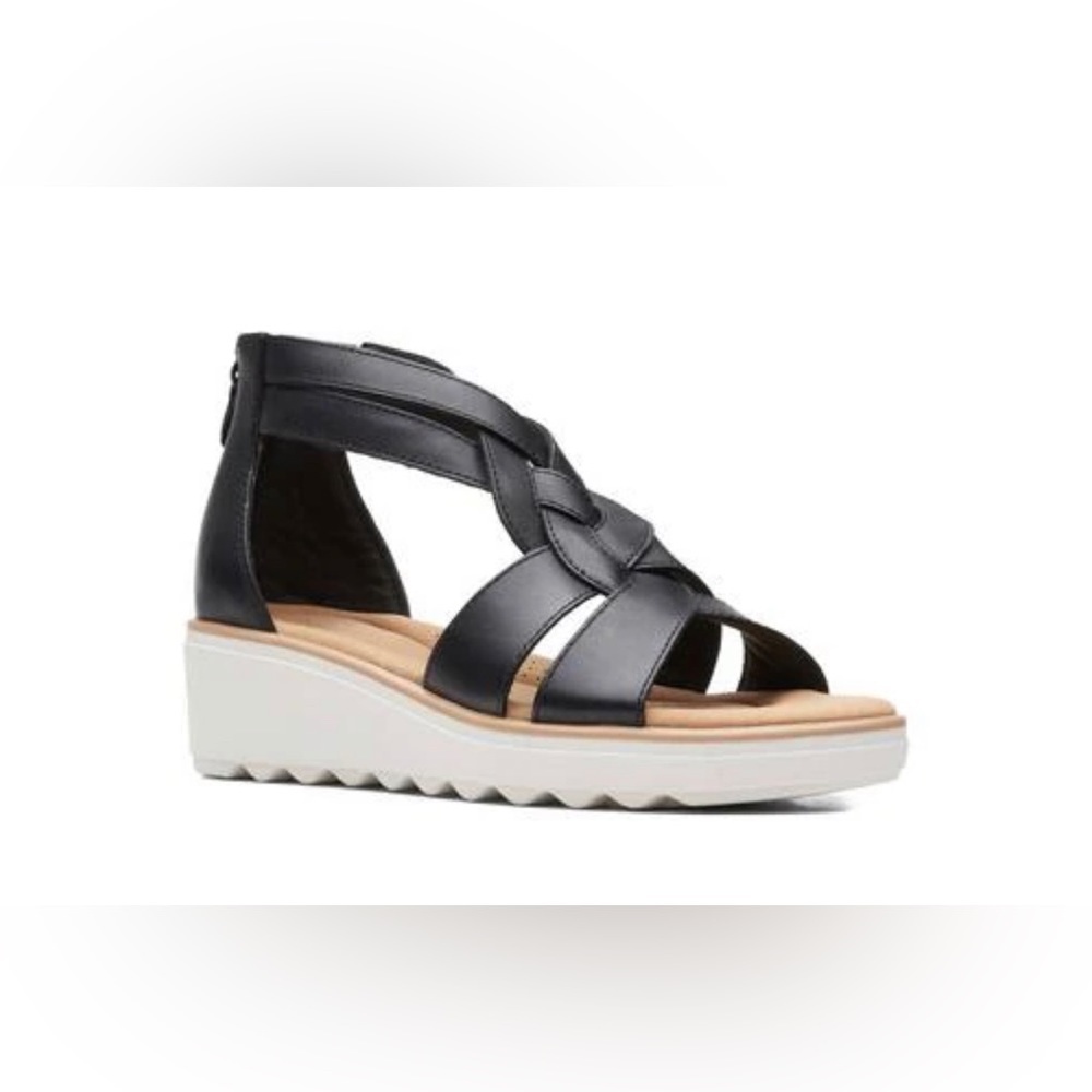 Clarks Black Leather Wedge Sandals - Picture 3 of 10